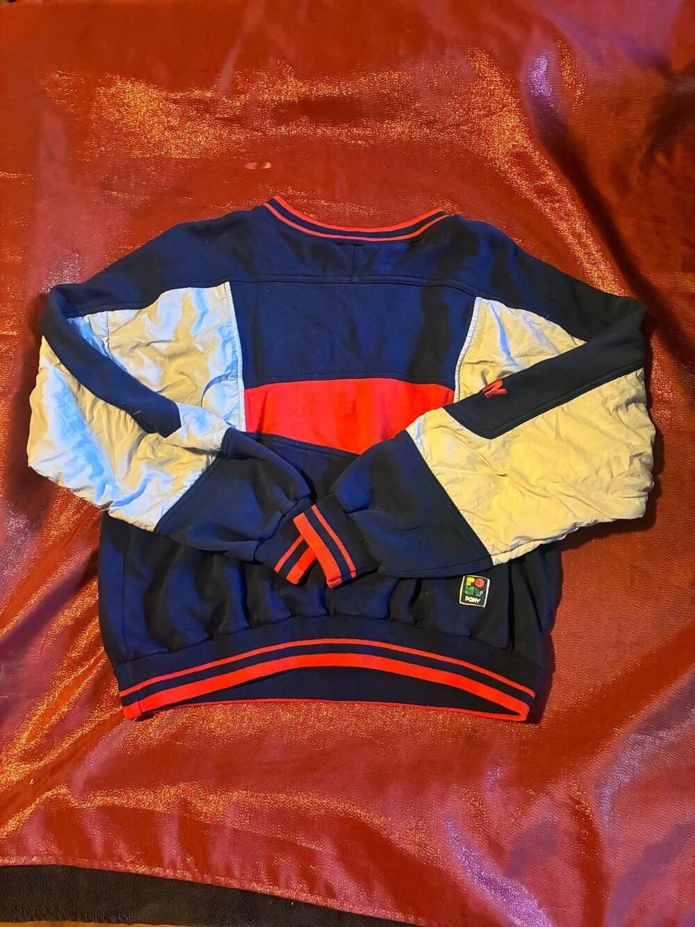 Pony Crewneck Sweatshirt Mens Navy Red Colorblock Pullover Logo Vintage Athletic